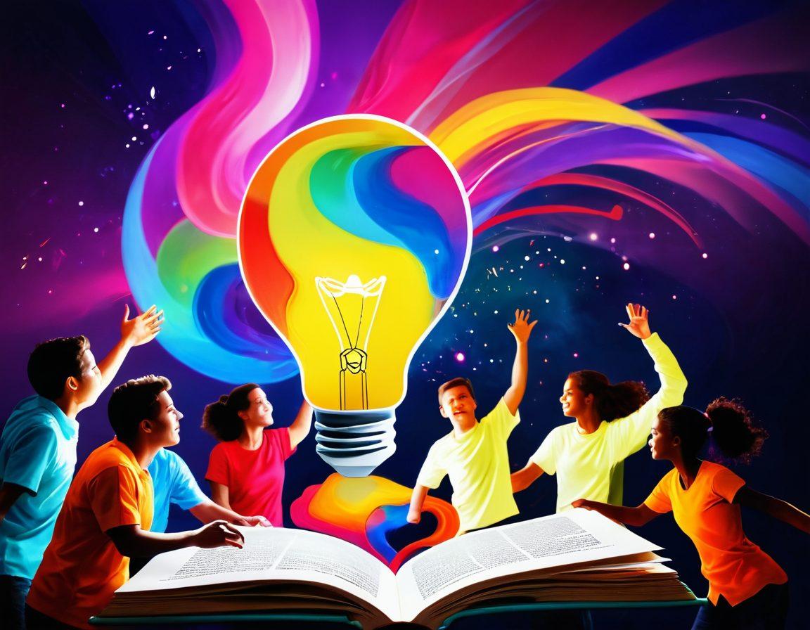 A radiant light bulb symbolizing creativity and brilliance, surrounded by vibrant, swirling colors representing joy and inspiration. In the background, silhouettes of diverse individuals engaging in joyful activities like painting, dancing, and brainstorming, showcasing the essence of unleashing one’s inner prodigy. The foreground features an open book with glowing ideas and dreams floating above it, signifying knowledge and enlightenment. super-realistic. vibrant colors. soft focus.