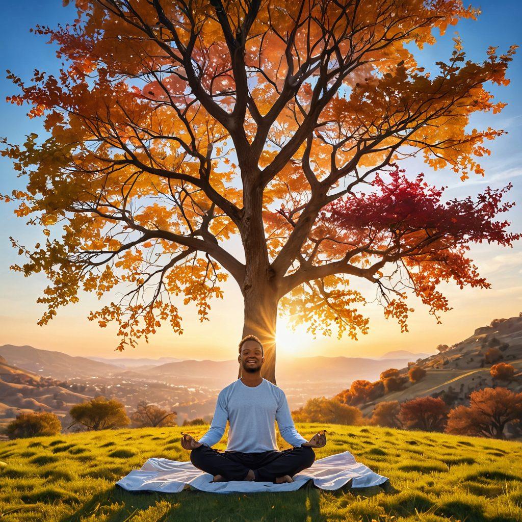 A serene scene depicting a person meditating under a vibrant tree with colorful leaves, surrounded by floating lightbulbs symbolizing ideas and creativity. The background features gentle hills and a bright sunrise, evoking a sense of joy and tranquility. The person is smiling, embodying bliss and inspiration. super-realistic. vibrant colors. soft focus.