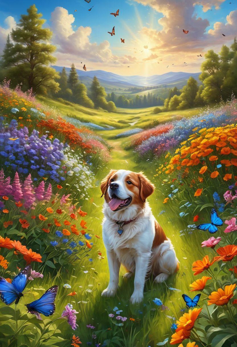 A serene landscape with a sunlit meadow filled with colorful wildflowers, a joyful child laughing and playing with a friendly dog, surrounded by vibrant butterflies fluttering around. The sky should be bright blue with fluffy white clouds. Capture a sense of warmth and happiness to reflect the theme of nurturing joy. super-realistic. vibrant colors.